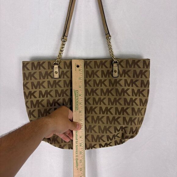 Michael Kors Brown Monogram Large Shoulder Purse with Gold Straps - Picture 7 of 13